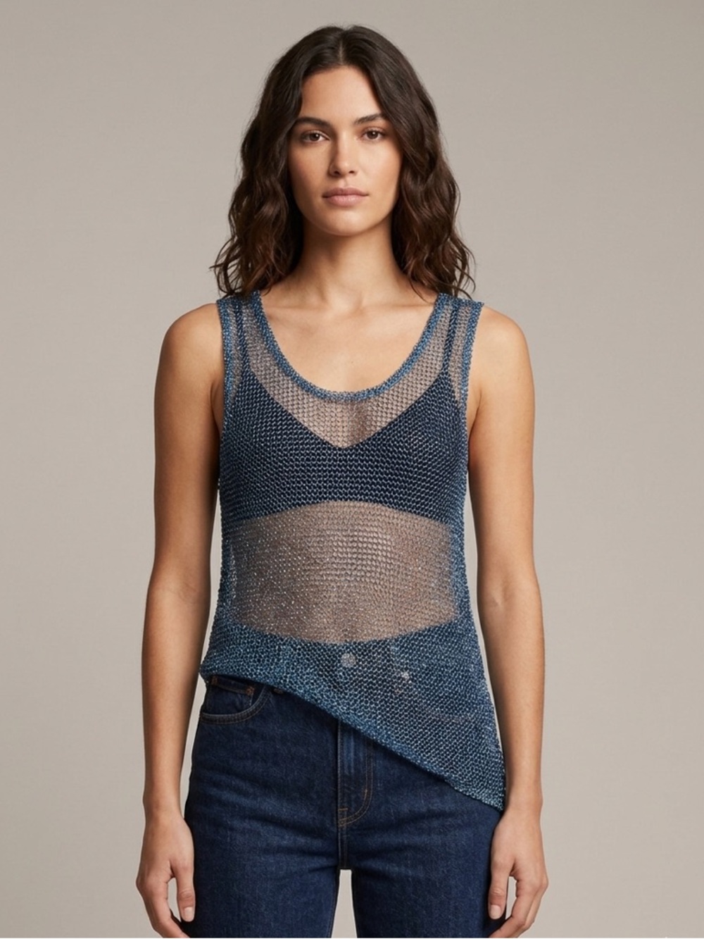 Chaser | Blue Metallic Open-Knit Mesh Tank Small